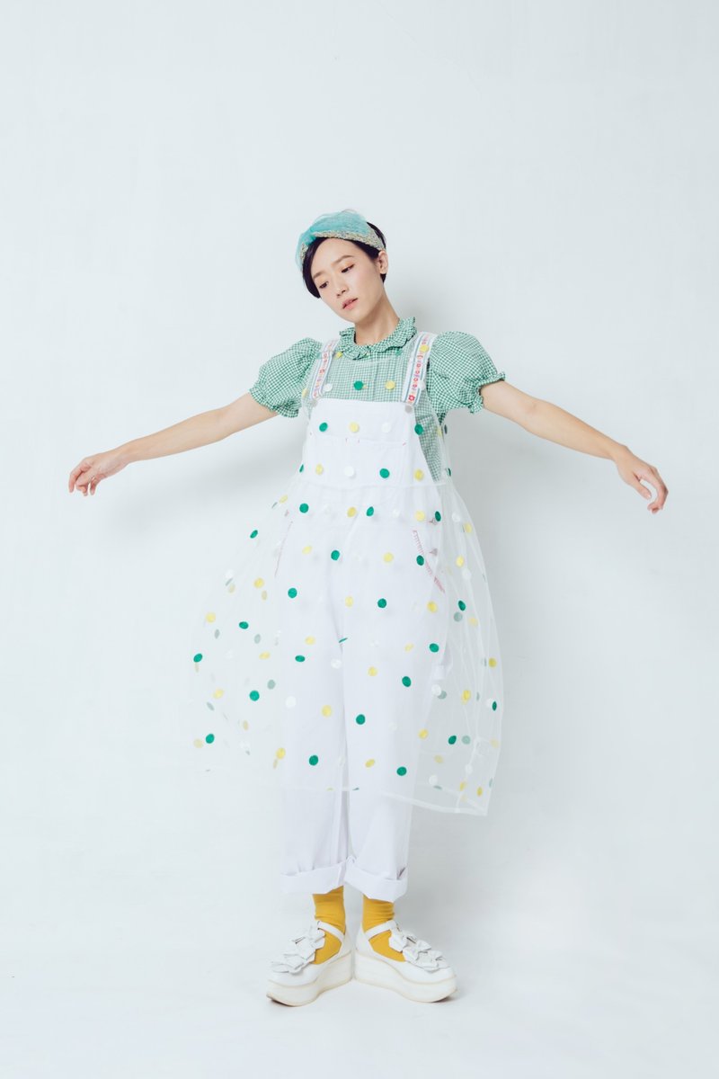 :EMPHASIZE刺绣圆点纱质背心洋装-白底绿点 - 洋装/连衣裙 - 聚酯纤维 绿色