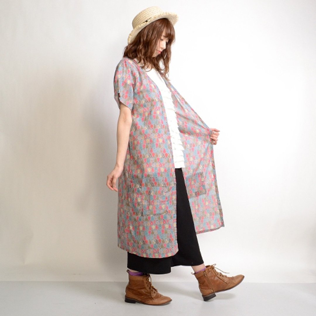 Colorful ocean print short sleeve cotton long cardigan - 背带裤/连体裤 - 棉 
