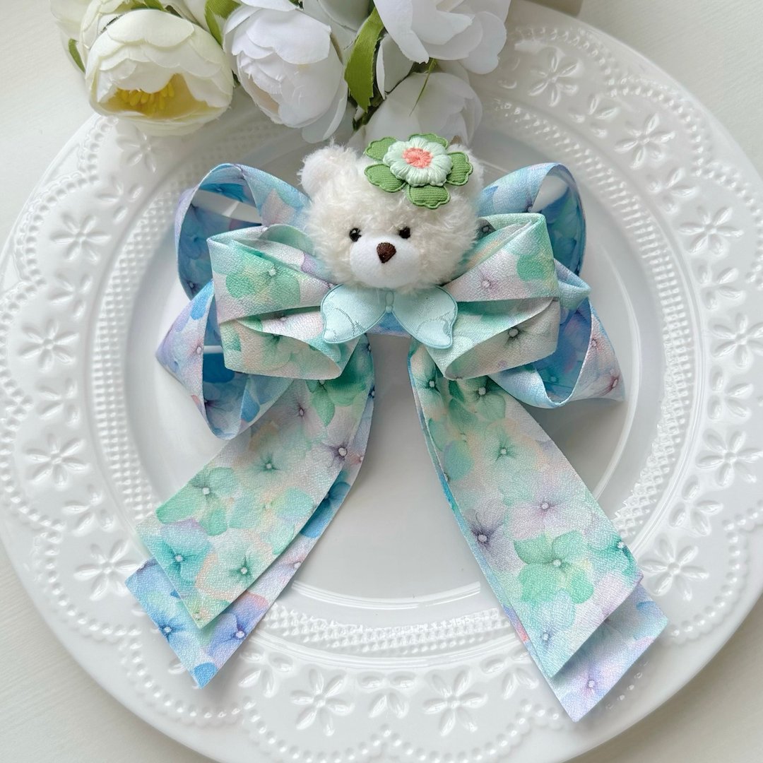 小熊头印花大款蝴蝶结不锈钢发夹-绿色+蓝色 - 发饰 - 其他材质 绿色