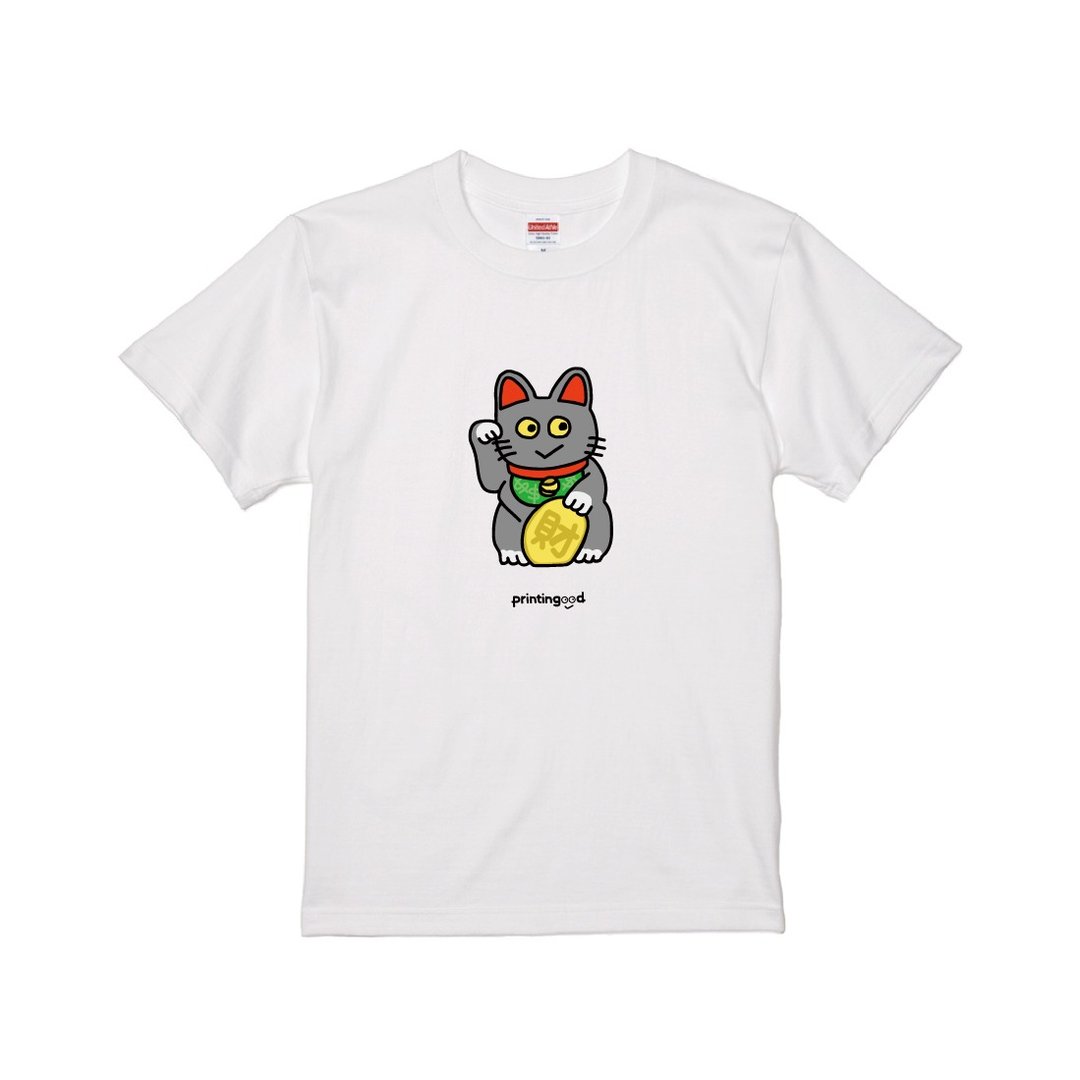 招财猫印花T-shirt | 灰黑猫| 黑白两色 | A012e - 女装 T 恤 - 棉．麻 多色