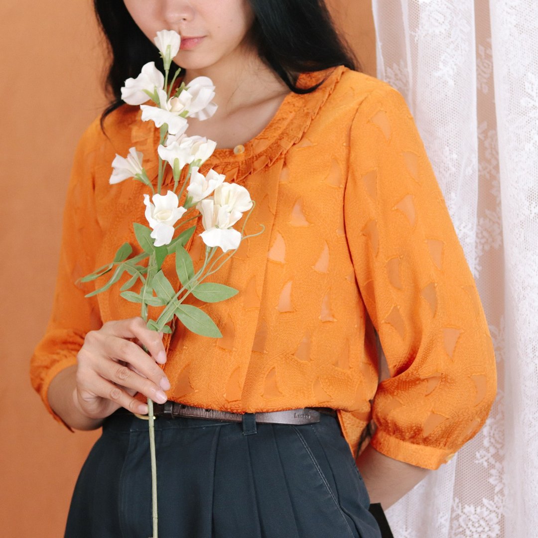 古着短袖衬衫 004 南瓜色,花衬衫 复古 上衣【Tsubasa.Y 古着屋】 - 女装衬衫 - 聚酯纤维 橘色