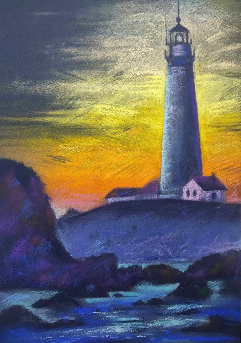 Original pastel drawing, landscape, lighthouse, sea sunset, rocky coast 12x8 in - 墙贴/壁贴 - 纸 多色