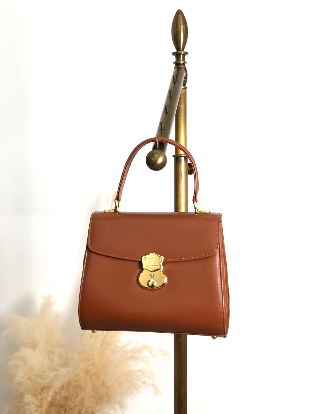 【VintageShop solo 日本直送中古包专卖店】BURBERRY 经典格纹 手提包 棕色 锁头设计 皮革 复古 8sk6uz - 手提包/手提袋 - 真皮 咖啡色