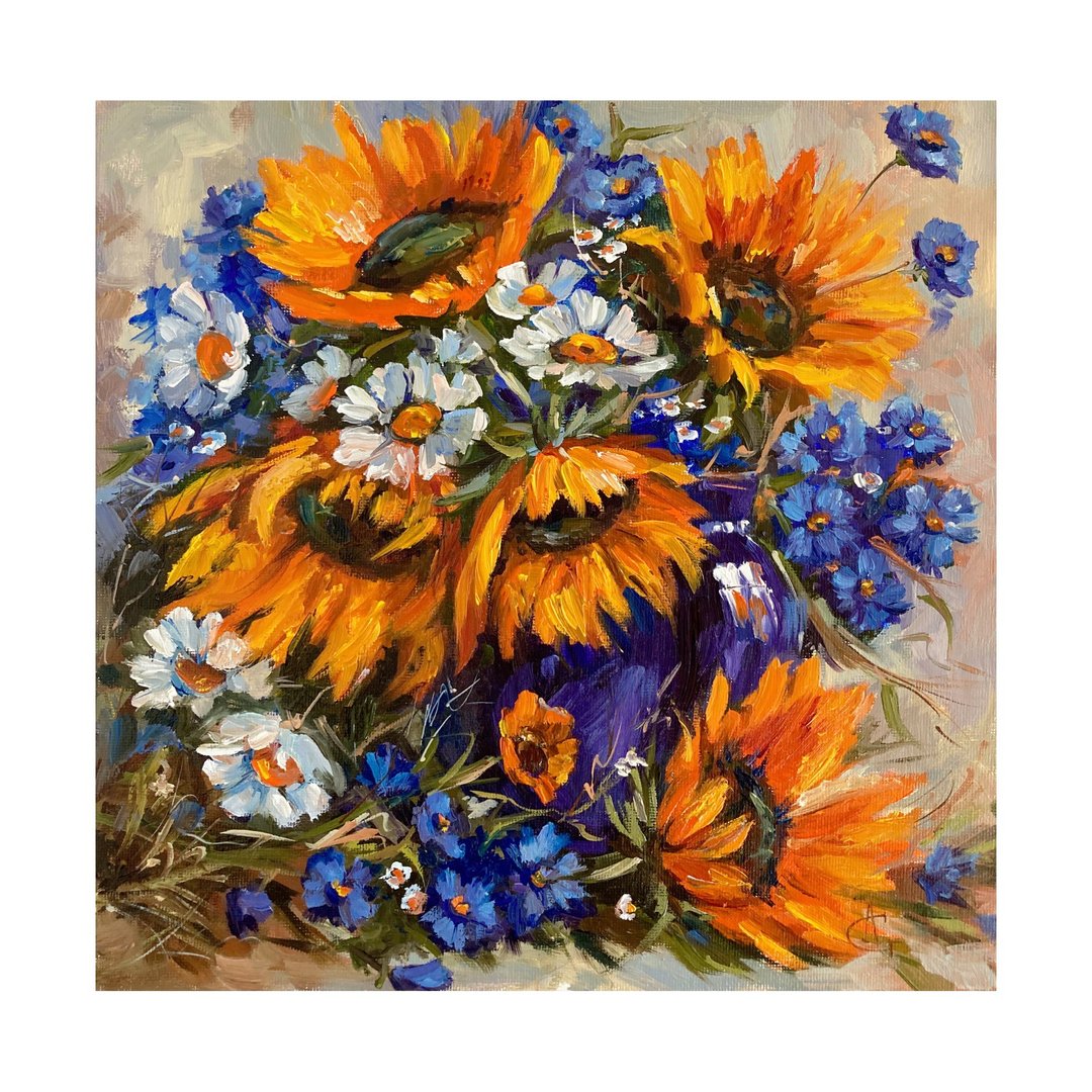 Sunflowers Painting Flower Original Art Floral Oil Painting Bouquet flowers art - 墙贴/壁贴 - 其他材质 