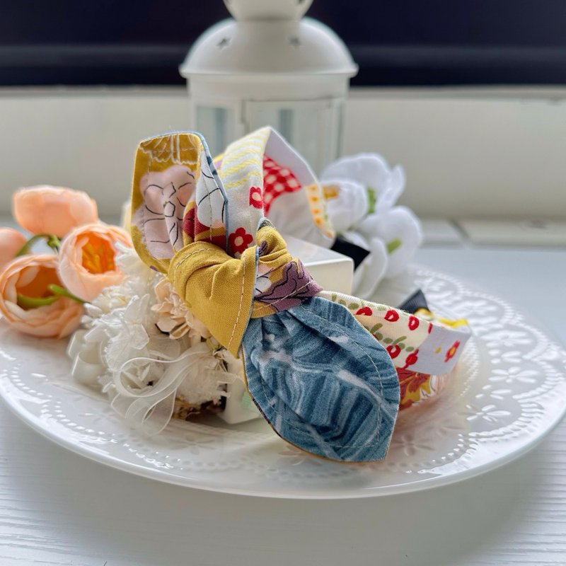 纯棉拼布绑结蝴蝶结发箍头箍发饰-姜黄色的田园 - 发带/发箍 - 棉．麻 黄色