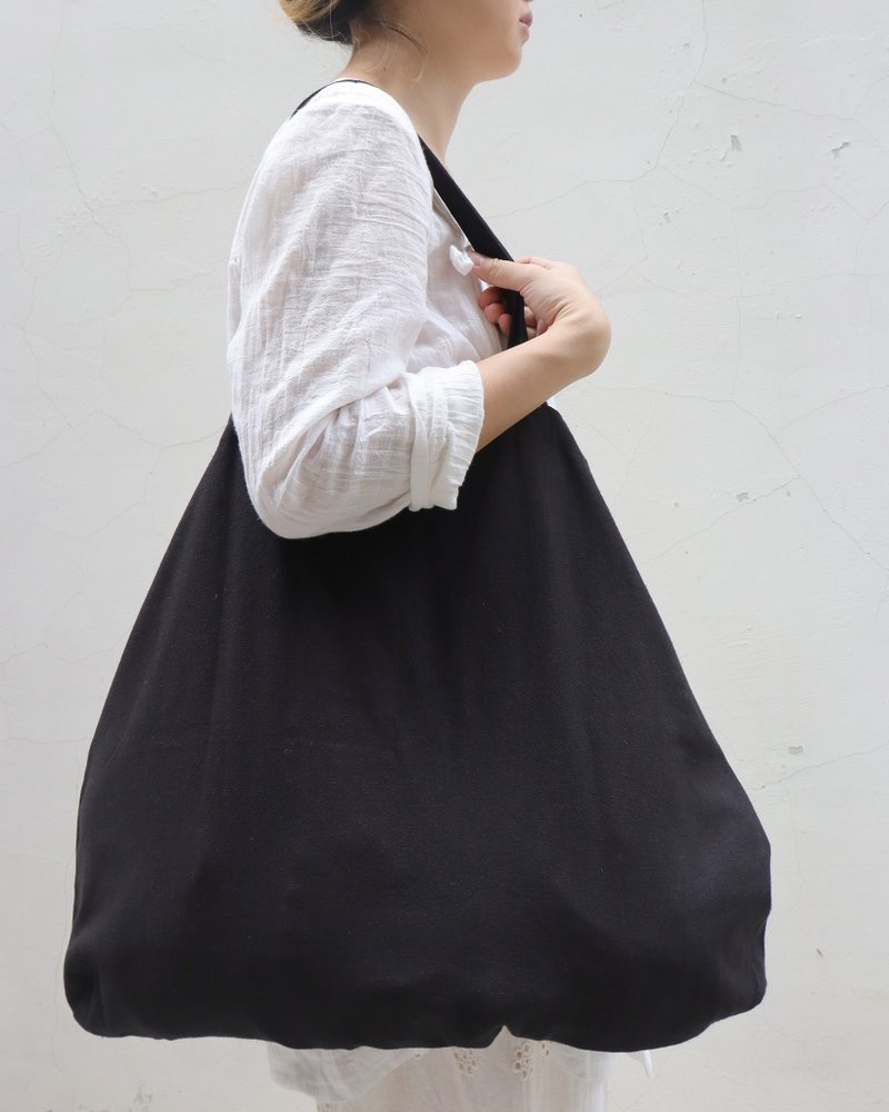 步野  横式棉麻购物袋/托特包 深蓝.黑 - 手提包/手提袋 - 棉．麻 黑色