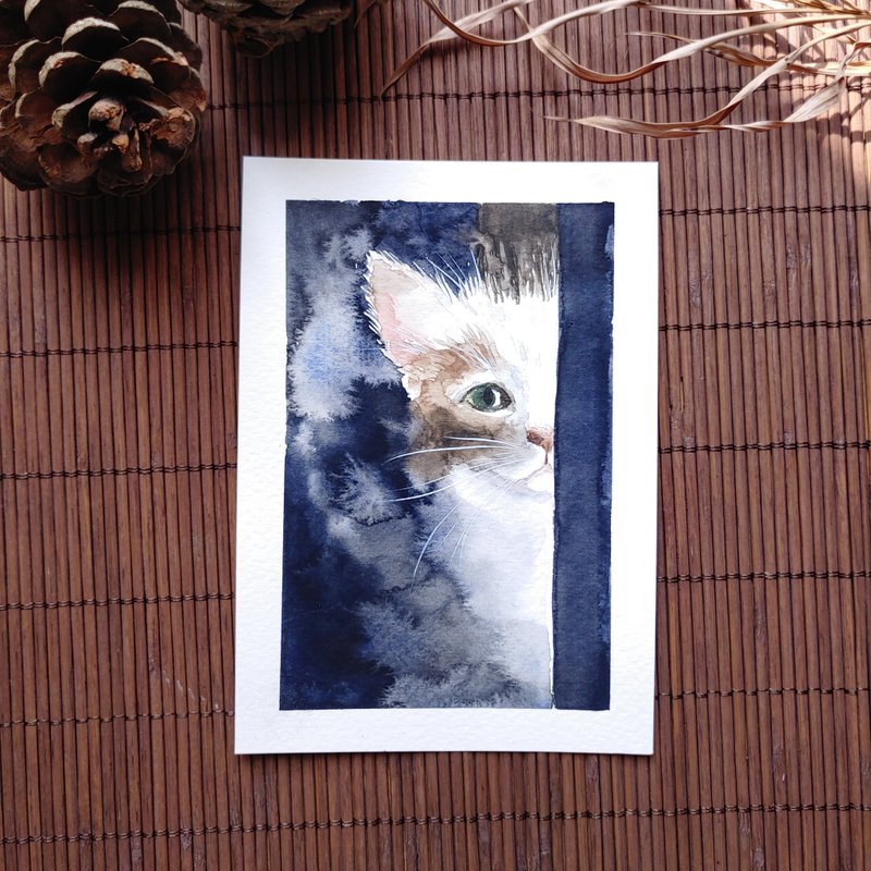 Kitty original watercolor postcard. Cat painting card - 卡片/明信片 - 纸 灰色