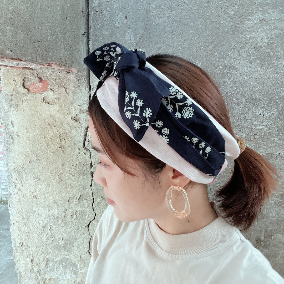 双层超宽版发带  深蓝白花 - 发带/发箍 - 棉 蓝色
