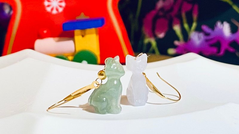 期间限定 - 猫咪翡翠耳环 - 耳环/耳夹 - 宝石 