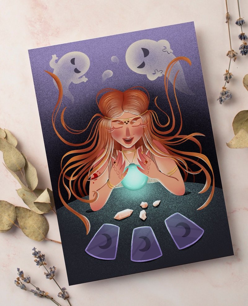 明信片-可爱的魔女| 算命先生 | 可爱的女孩 | 魔法 | 鬼 - 卡片/明信片 - 纸 紫色
