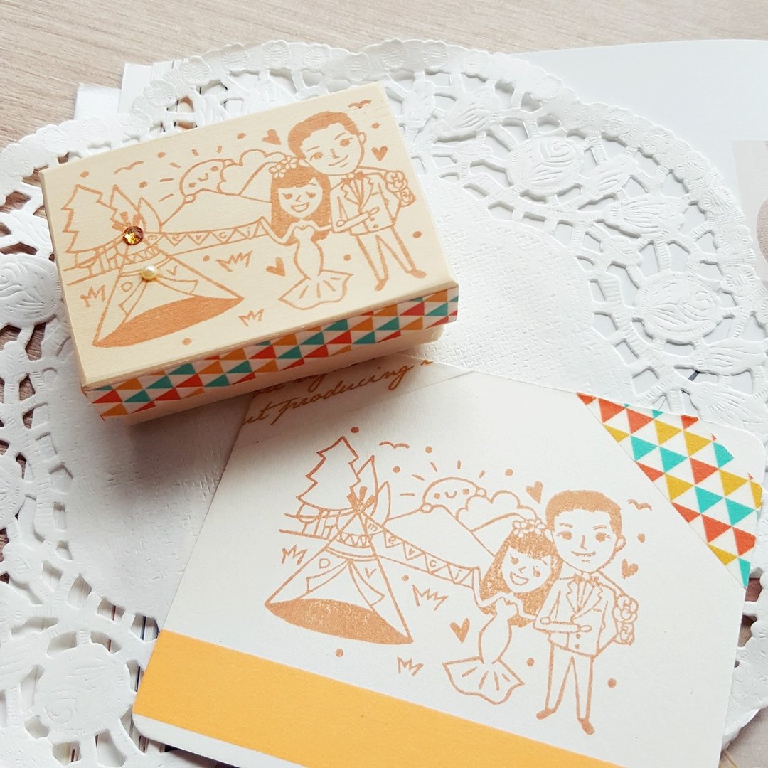 手工橡皮章－乡村童趣露营婚礼章 5X7cm - 喜帖 - 橡胶 橘色