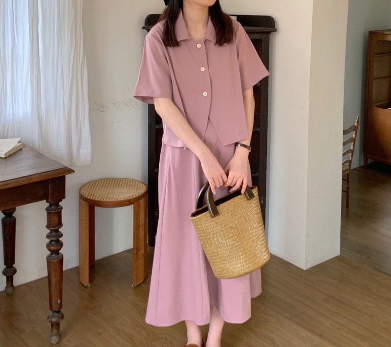 【基礎多色】日系復古/短袖衬衫裙子兩件套/洋裝 - 女装上衣 - 其他材质 多色