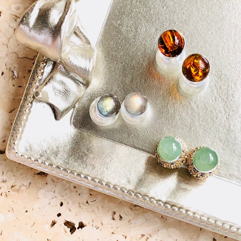 ITS-E155【925银・碧玉・花珀・灰月光】耳钉耳针耳环1对 - 耳环/耳夹 - 半宝石 多色