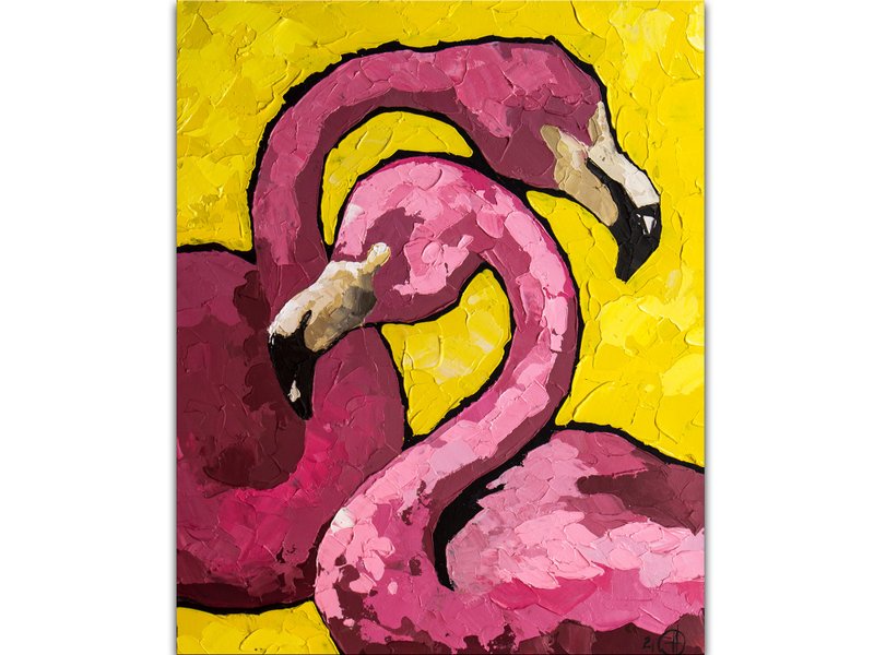 Flamingo Painting Couple Original Art Pink Flamingo Impasto Oil Painting - 海报/装饰画/版画 - 其他材质 粉红色