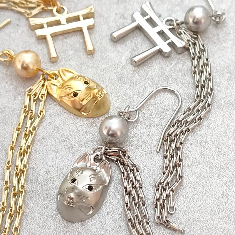 狐面与鸟居 长款 - 耳环/耳夹 - 铜/黄铜 金色