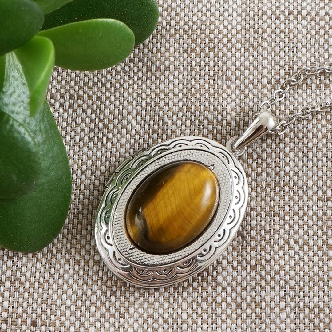 Brown Yellow Tiger Eye Cat Eye Silver Oval Photo Locket Pendant Necklace Jewelry - 项链 - 半宝石 咖啡色