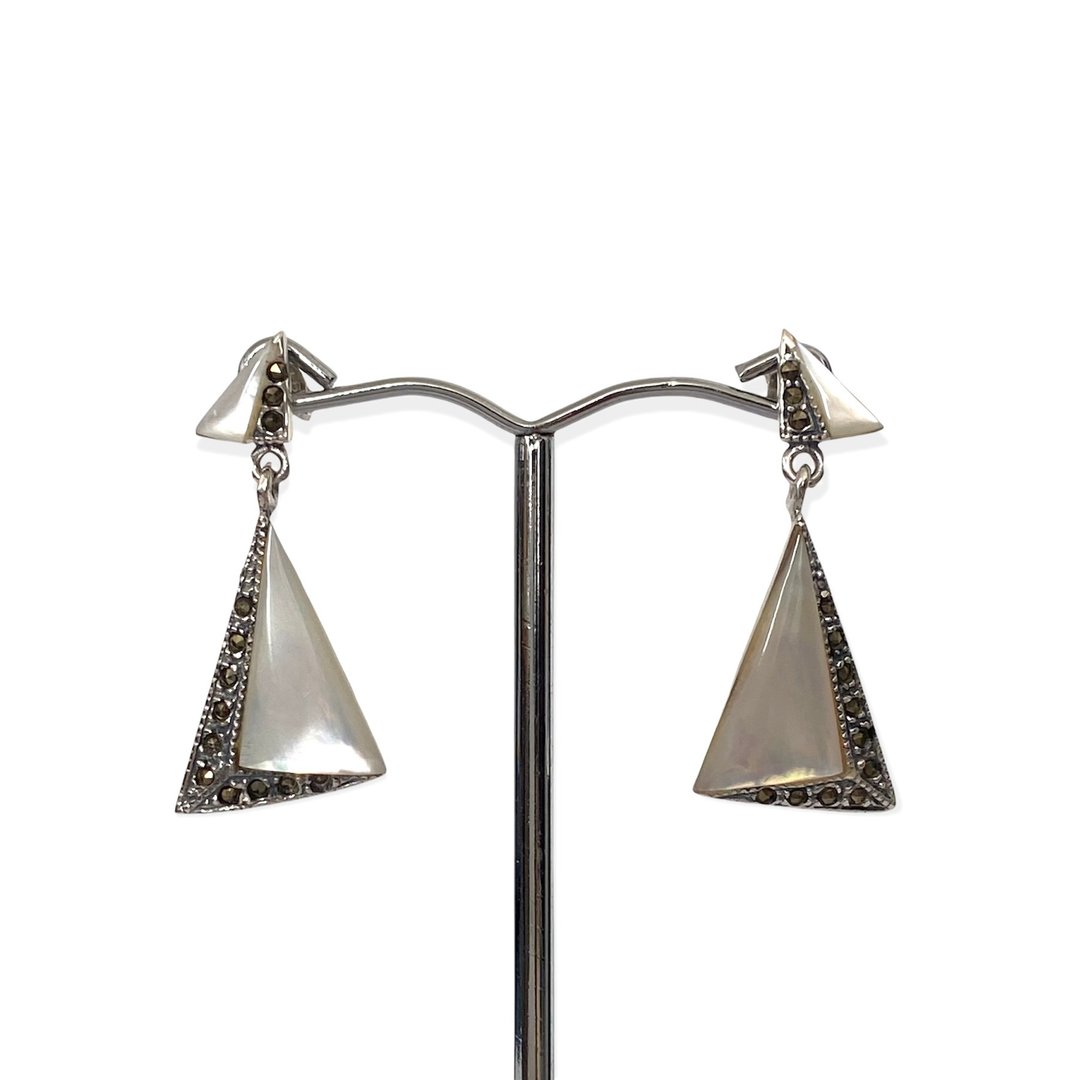 Art Deco Style Triangle Mother of Pearl&amp;Stones Earrings /Set 925 Sterling Silver - 耳环/耳夹 - 纯银 白色