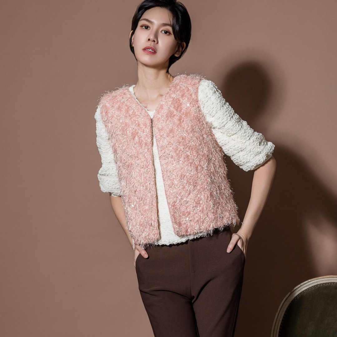 【MEDUSA】粉色毛毛钉珠背心外套(M-XL) | 小礼服外套 女毛背心 - 女装休闲/机能外套 - 聚酯纤维 粉红色
