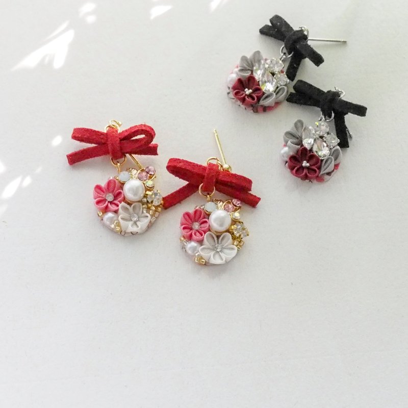 【闪烁甜心】粉红真丝宝石蝴蝶结定制耳环耳夹 14kgf 925 - 耳环/耳夹 - 丝．绢 粉红色