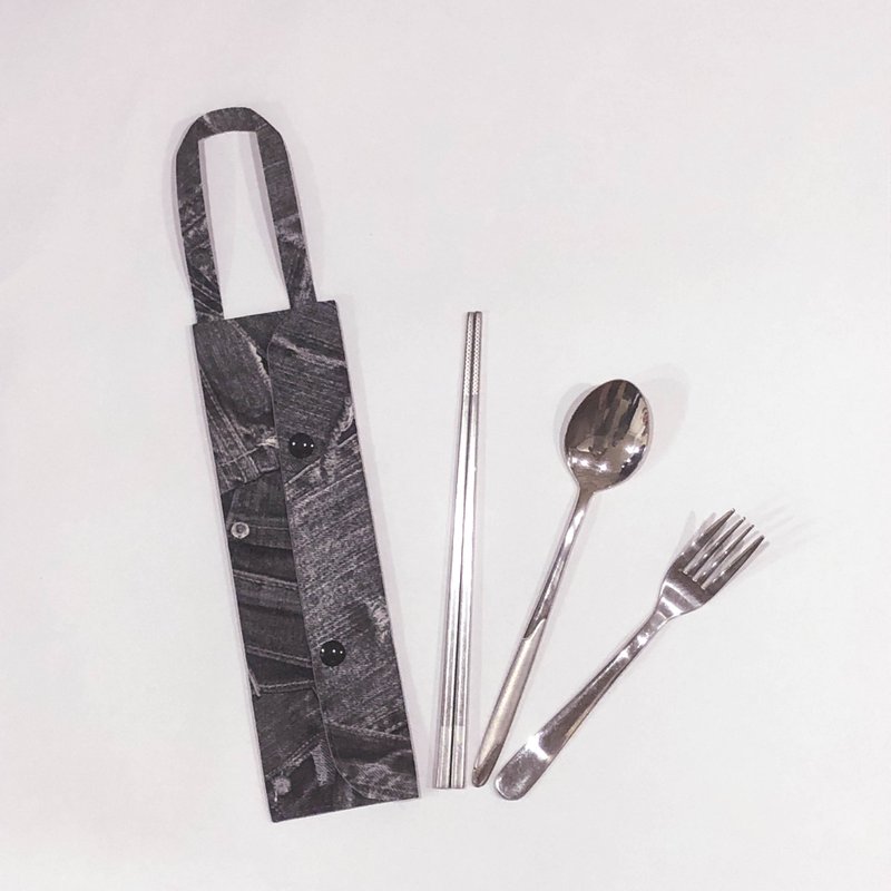 提把环保餐具套- 黑色牛仔 - 筷子/筷架 - 棉．麻 