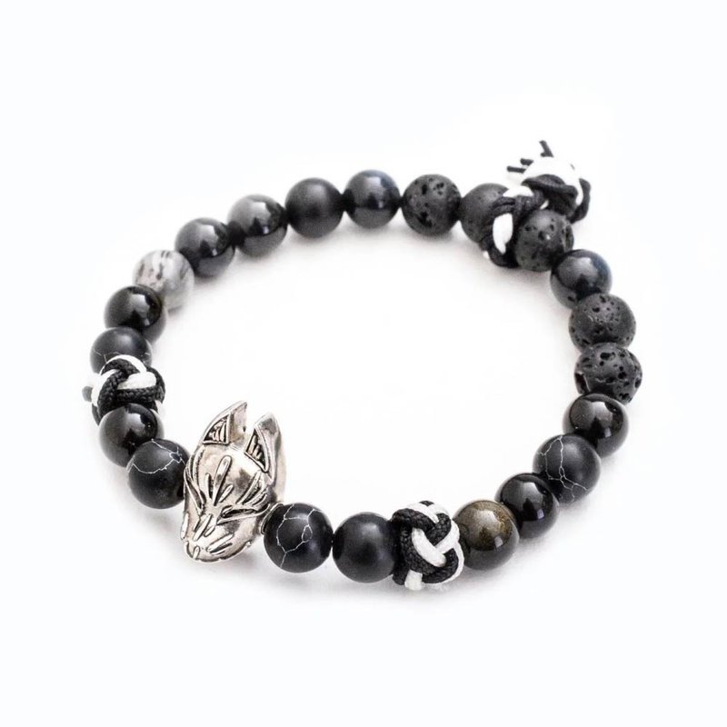 【稻荷。银狐。黑绳】编织风串珠纯手工日式狐面手链虎眼石玛瑙 - 手链/手环 - 纯银 黑色