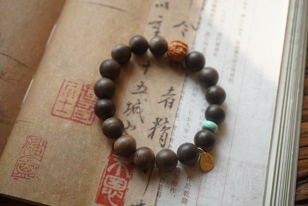 10mm天然沈香珠/沉香珠 绿松石菩提设计单圈手串fs - 手链/手环 - 木头 咖啡色