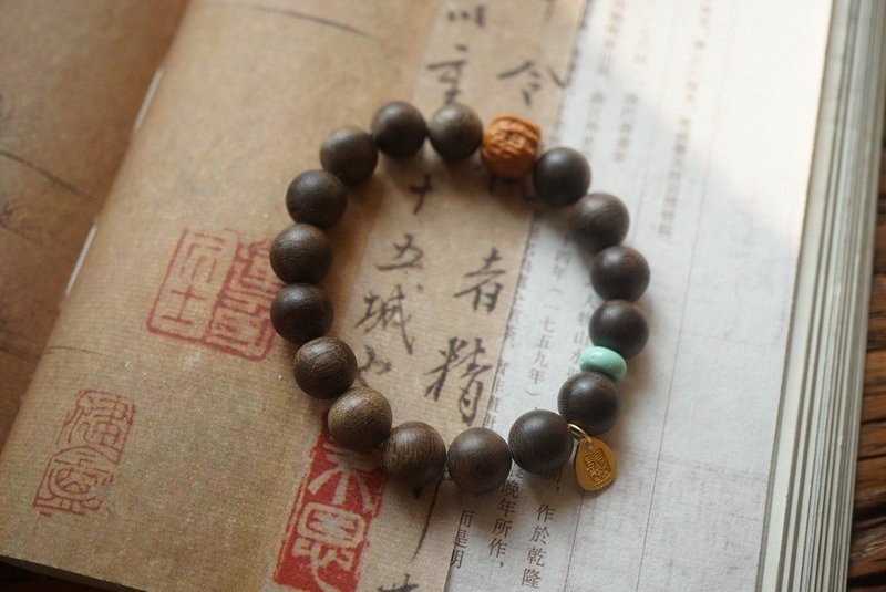 10mm天然沈香珠/沉香珠 绿松石菩提设计单圈手串fs - 手链/手环 - 木头 咖啡色
