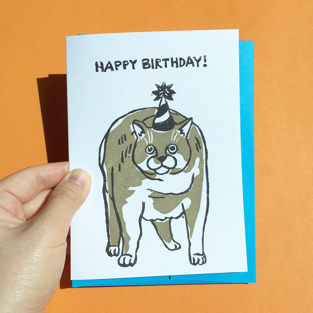 Hand-printed greeting card - Happy Birthday Chonky cat greeting card - 卡片/明信片 - 纸 
