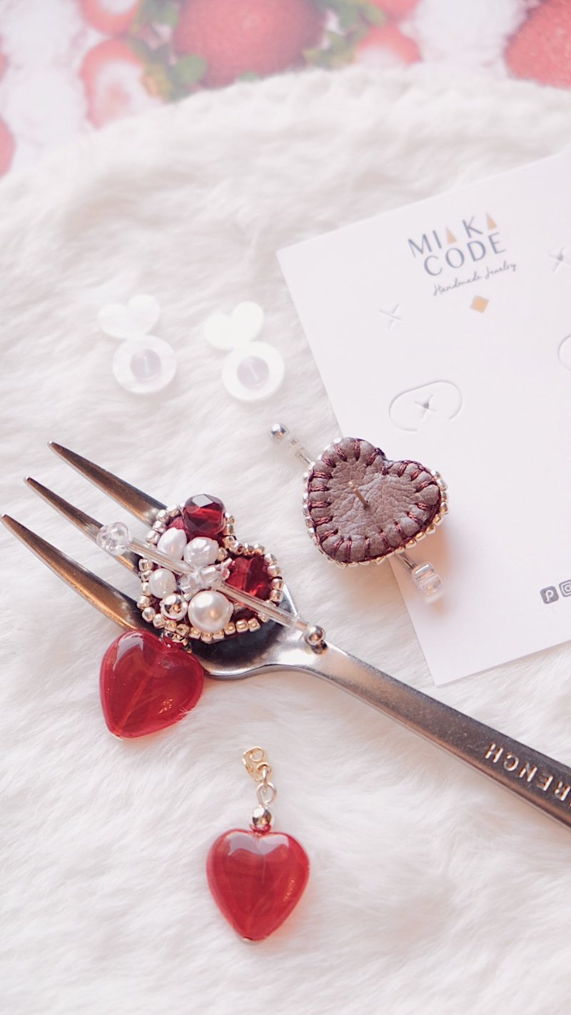【爱神之箭】心形 多种戴法 手工缝制耳环  超闪 耳针/耳夹 - 耳环/耳夹 - 其他材质 红色