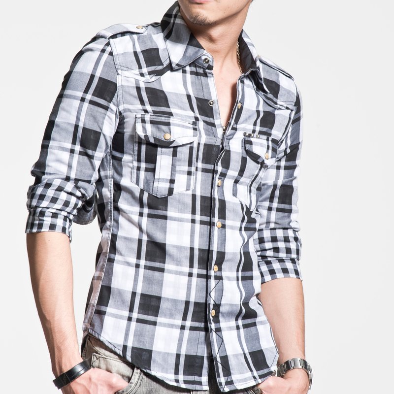 50支 精梳棉 双层布 黑白 大格子 金字塔 撞钉 长袖衬衫 （内层为小格子） - 男装衬衫 - 棉．麻 