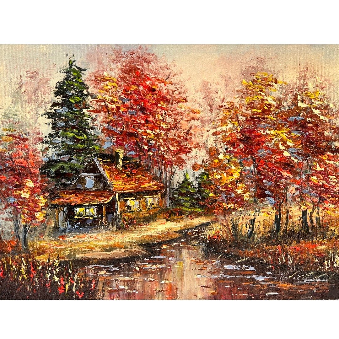 秋季绘画房屋原创艺术景观艺术品 30x40 厘米，作者：Oksana Stepanova - 海报/装饰画/版画 - 棉 多色