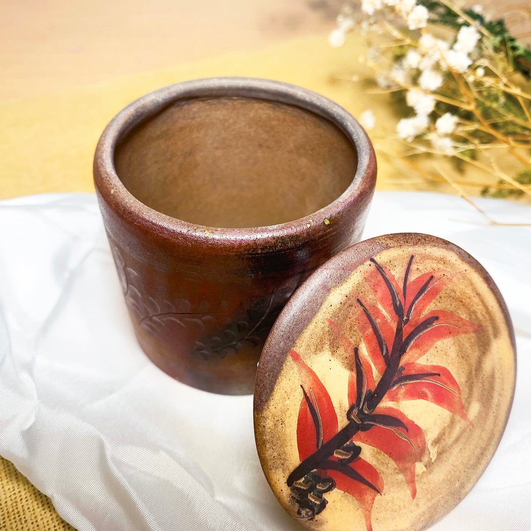 草纹直筒小茶仓 新彩烧 柴烧陶艺 手作作品 | 礼物 茶具 咖啡罐 - 茶具/茶杯 - 陶 金色