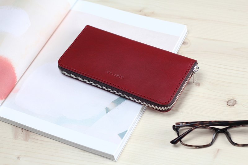U型拉链长夹 -- 酒红色 - 皮夹/钱包 - 真皮 红色
