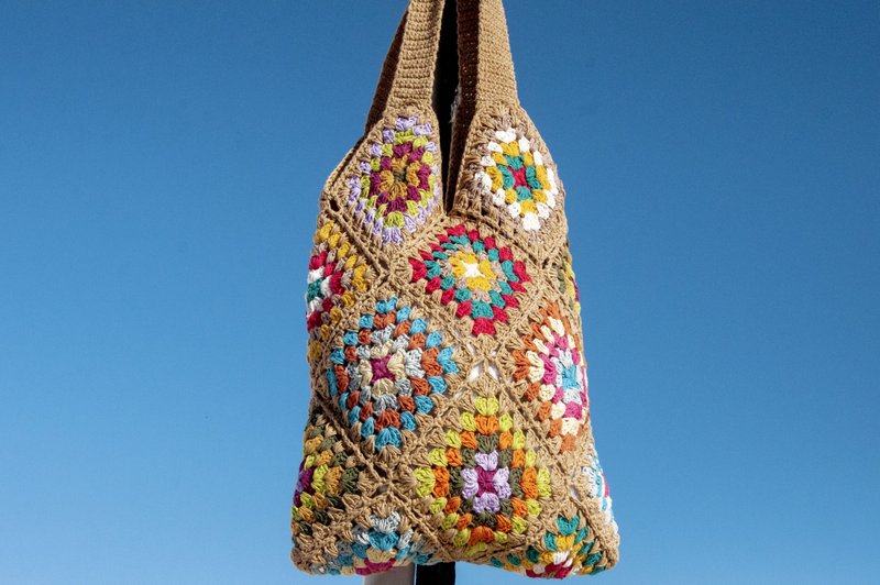 天然棉线钩织侧背包 钩织包 肩背包 托特包 购物袋 手提包-花朵 - 侧背包/斜挎包 - 棉．麻 多色