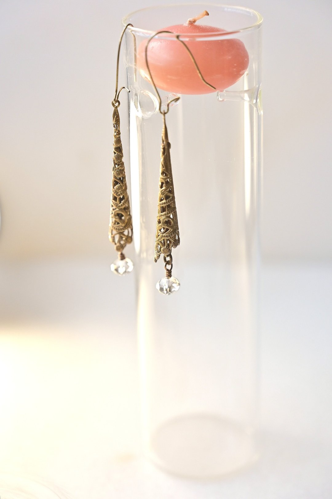 浪漫异国风情~复古通花耳环+施华洛水晶~可转耳夹 - 耳环/耳夹 - 铜/黄铜 金色