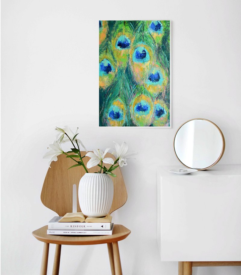 孔雀尾原创油画60x40cm帆布抽象鸟艺术异国情调 - 墙贴/壁贴 - 其他材质 绿色