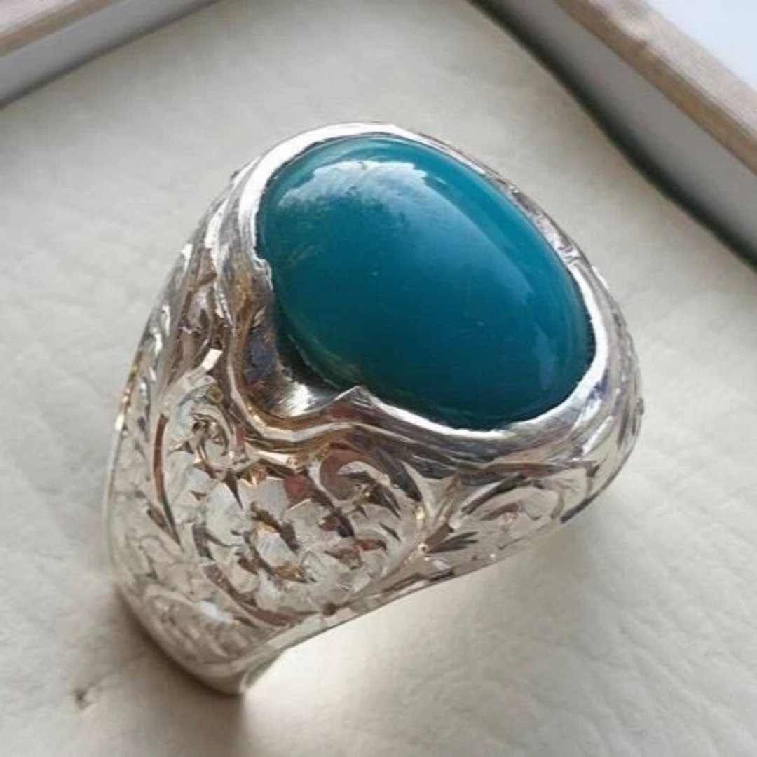Mens Turquoise ring Feroza ring real Feroza ring hand engraved 925 silver ring - 戒指 - 宝石 蓝色