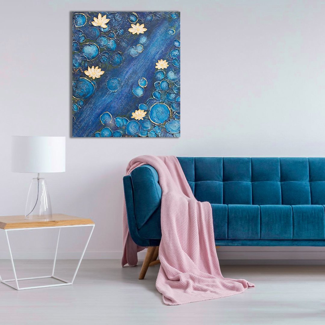 抽象风景与百合花，艺术家的混合媒材绘画 - 墙贴/壁贴 - 压克力 蓝色