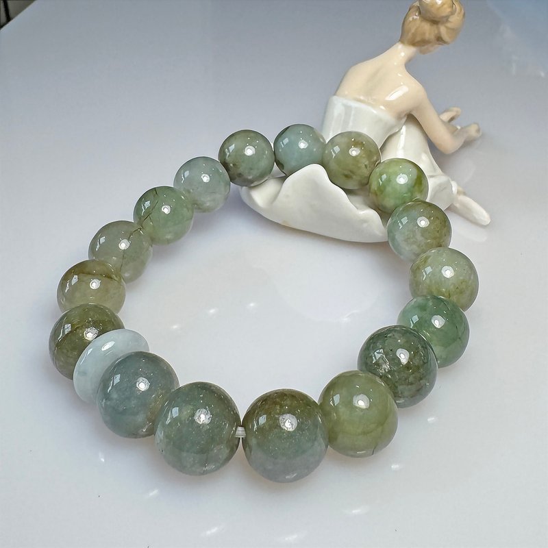 F51 冰种老油青 12.5mm 三彩 渐变色老料翡翠 手串 缅甸玉 手珠 - 项链 - 玉石 绿色