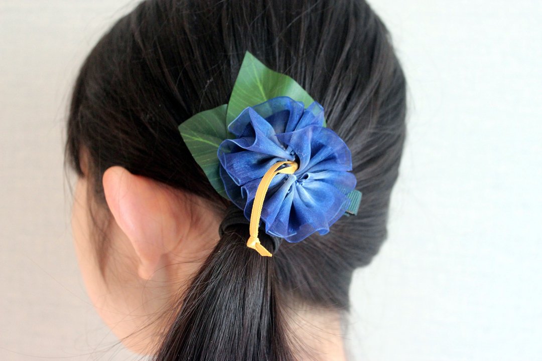 3ways hibiscus hair tie (Organza BLUE ), Ponytail Holders, - 发饰 - 棉 蓝色
