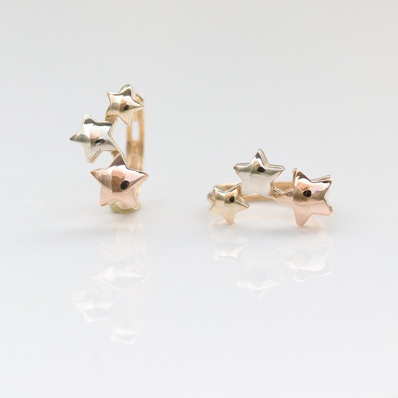 14K 立体三色金星星耳扣耳环 (内径 9mm) 洗澡免摘 不褪色 - 耳环/耳夹 - 贵金属 金色