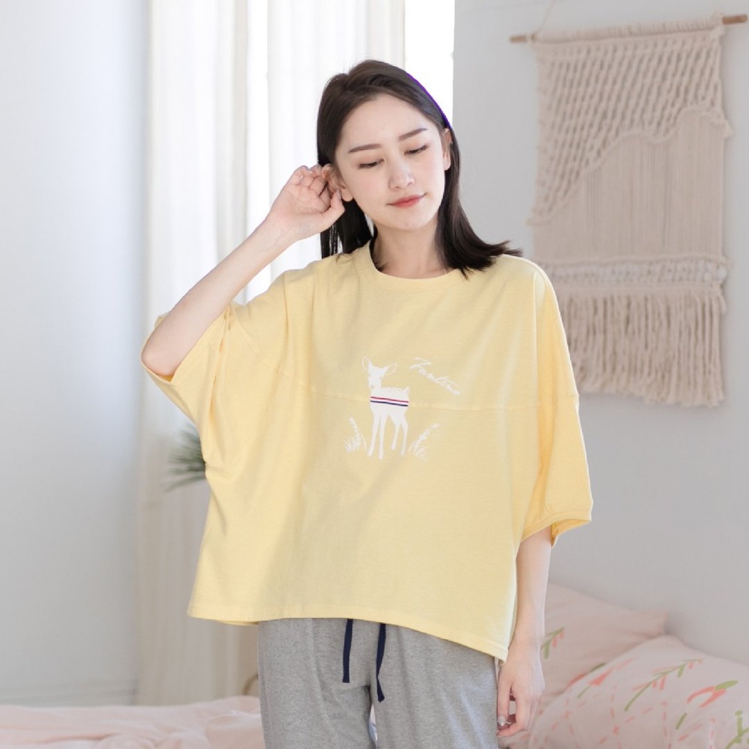 MIT有机棉飞鼠五分袖居家服-麻花黄 - 居家服/睡衣 - 棉 黄色