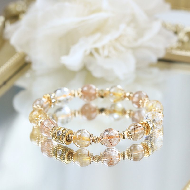 钛晶 金发晶 白水晶 铜发晶 招财避邪平安 水晶手链 大颗10mm - 手链/手环 - 水晶 金色