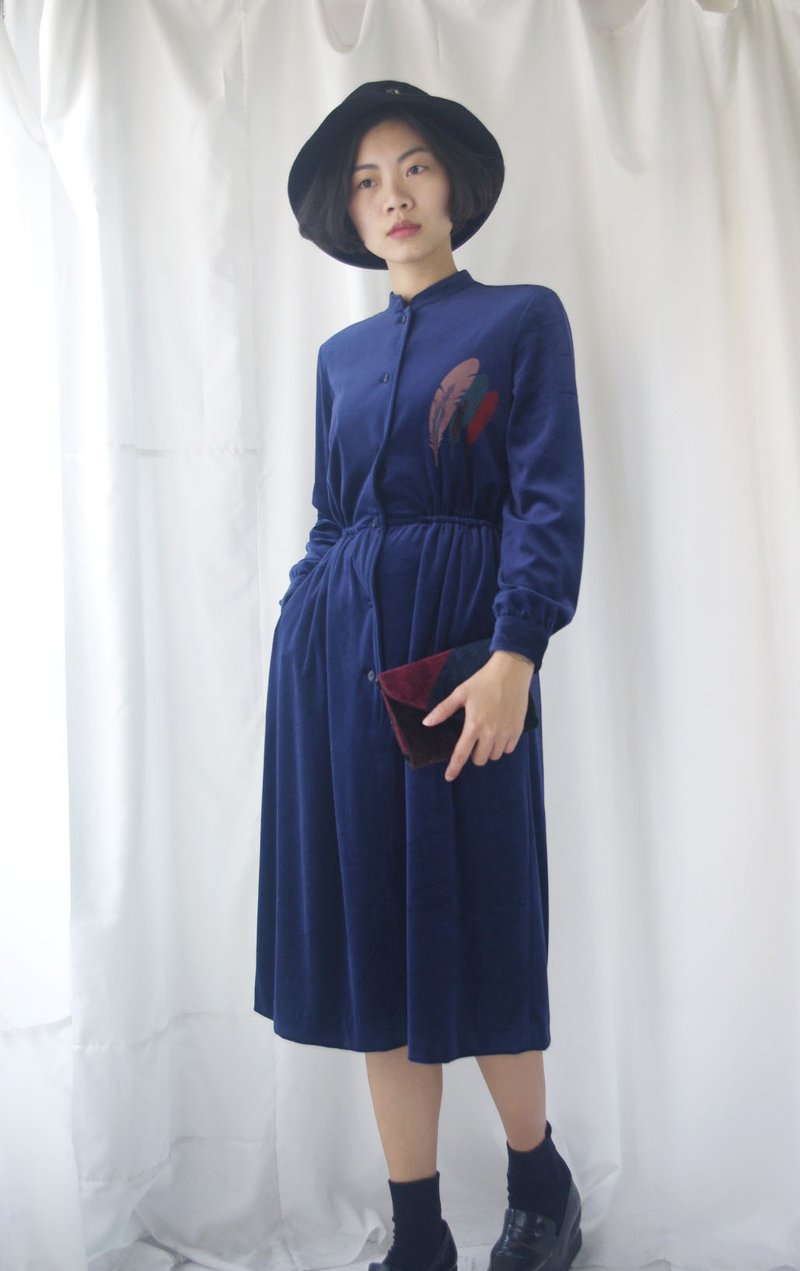 4.5studio-寻宝古着-丝绒蓝羽毛立领复古洋装 - 洋装/连衣裙 - 棉．麻 蓝色