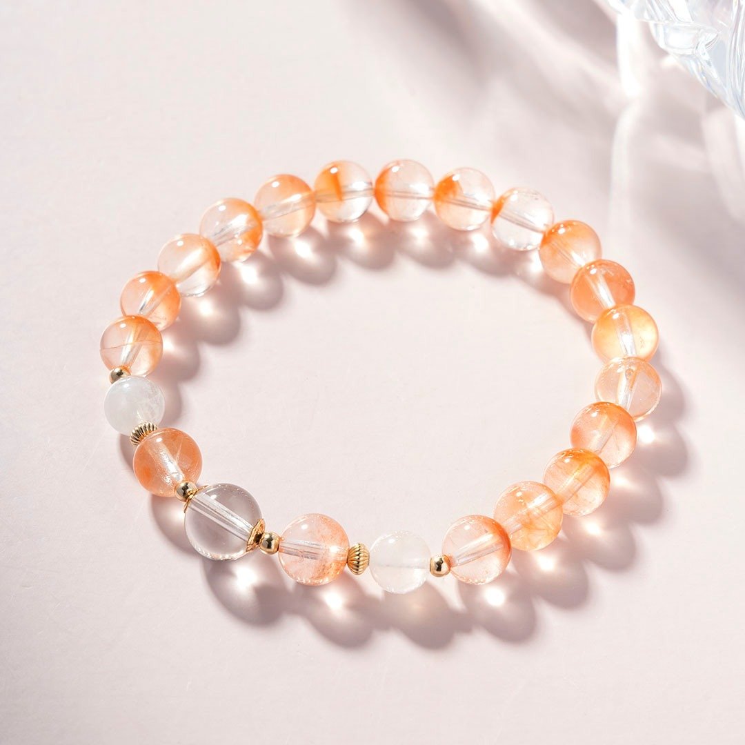 聚宝盆红兔毛月光石 14K 包金手链链 - 手链/手环 - 水晶 红色