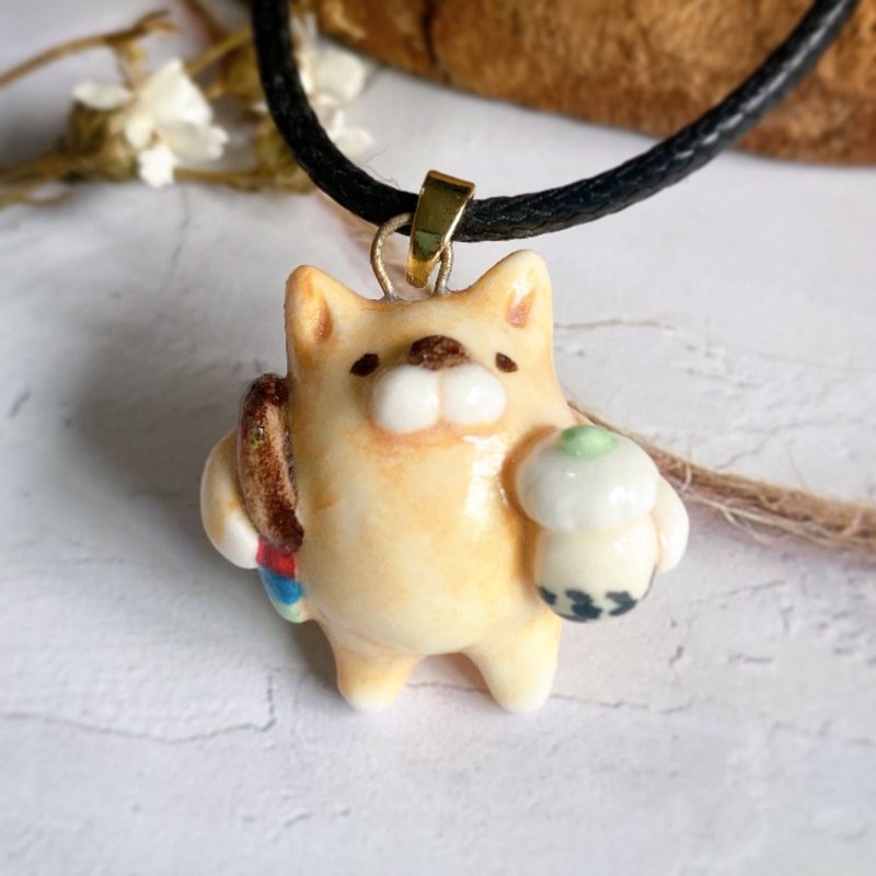 【扩香项链】香水精油项链-柴犬喝珍奶| - 项链 - 瓷 橘色