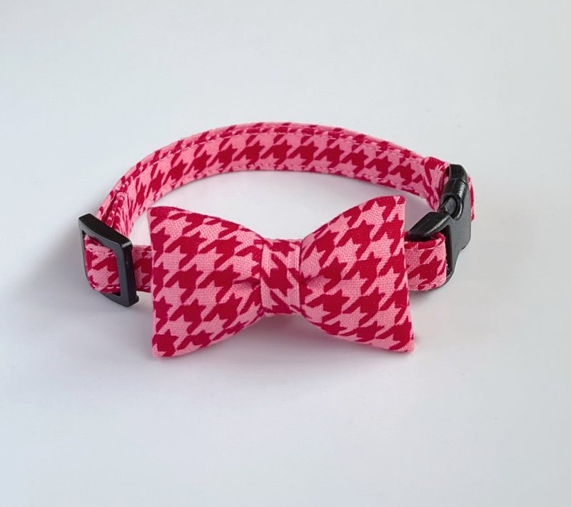 粉色 × 千鸟格纹 蝴蝶结项圈 - 项圈/牵绳 - 棉．麻 粉红色