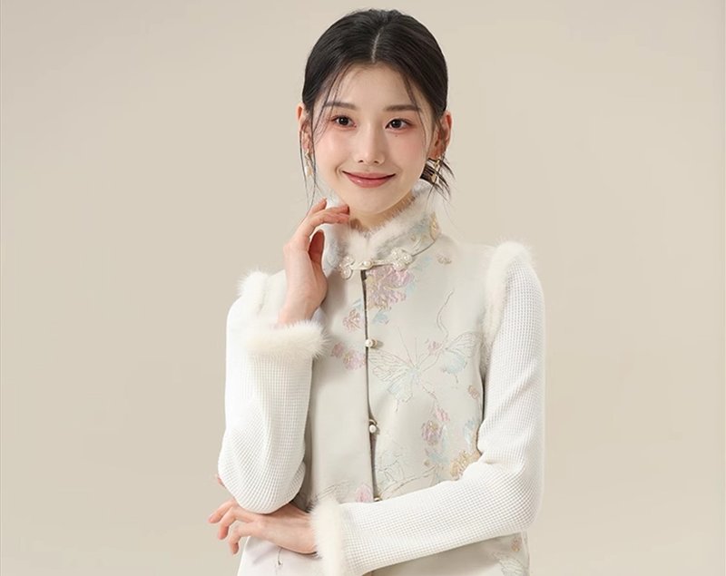 新中式中国风 水貂毛盘扣提花夹棉 背心/洋裝 - 女装背心 - 其他材质 白色