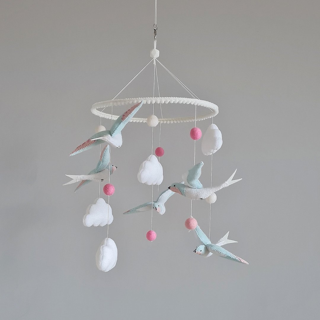 Mobile with swallows, Decor from felt flight of swallows, Mobile with birds - 玩具/玩偶 - 其他材质 粉红色