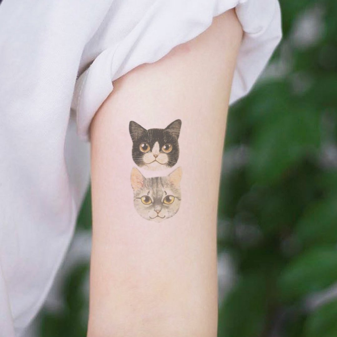 发4张-纹身贴防水仿真持久手绘猫猫头小清新可爱风 - 纹身贴 - 纸 多色